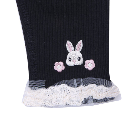 Black Ribbed Leggings with Lace and Bunny Patch