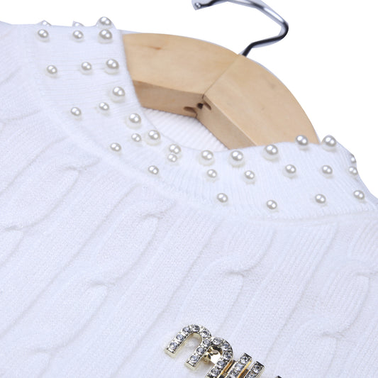 White Cable Knit Sweater with Pearl Neck