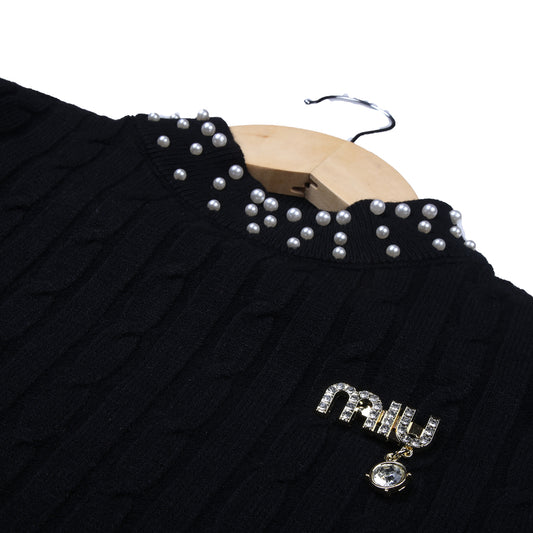 Black Cable Knit Sweater with Pearl Neck