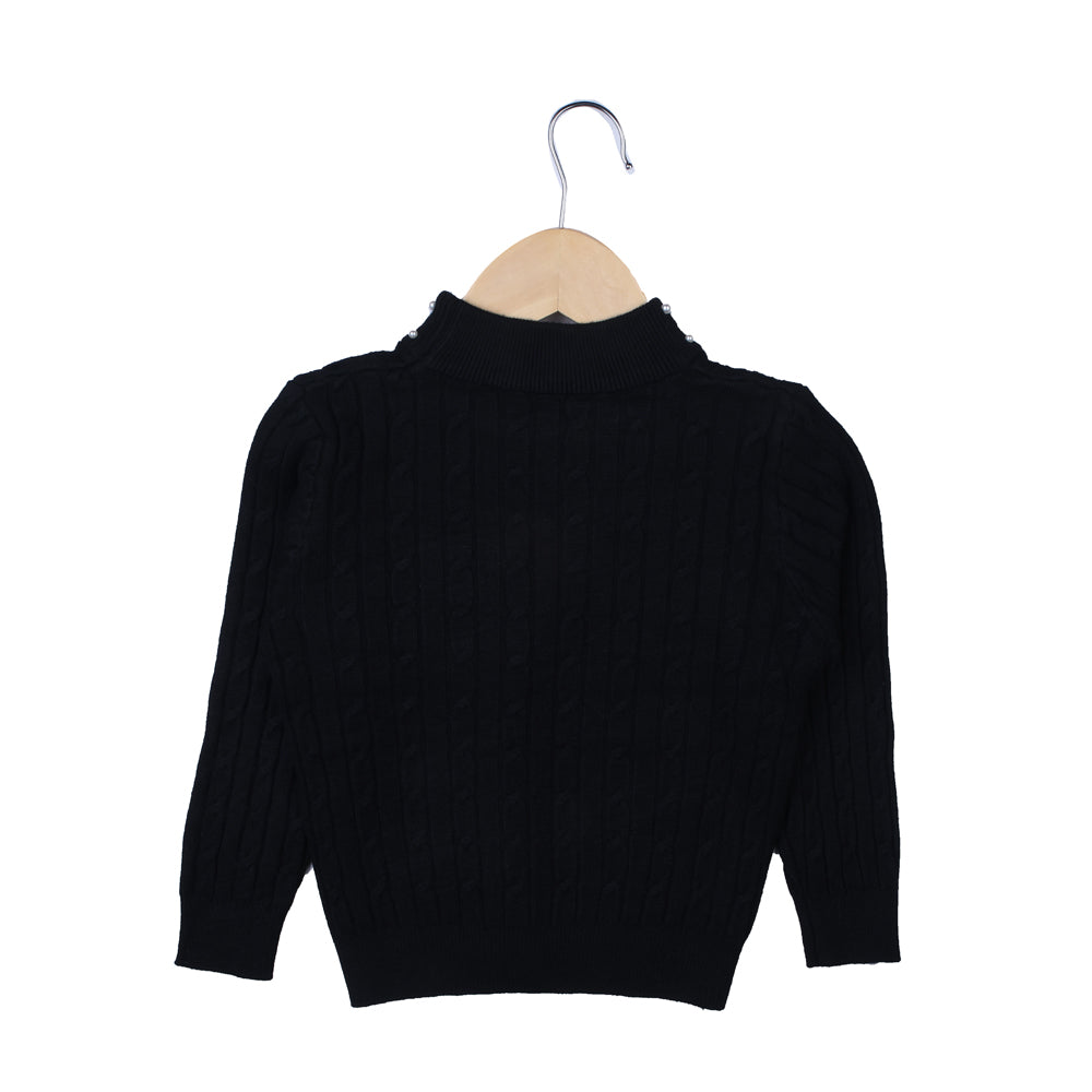 Black Cable Knit Sweater with Pearl Neck
