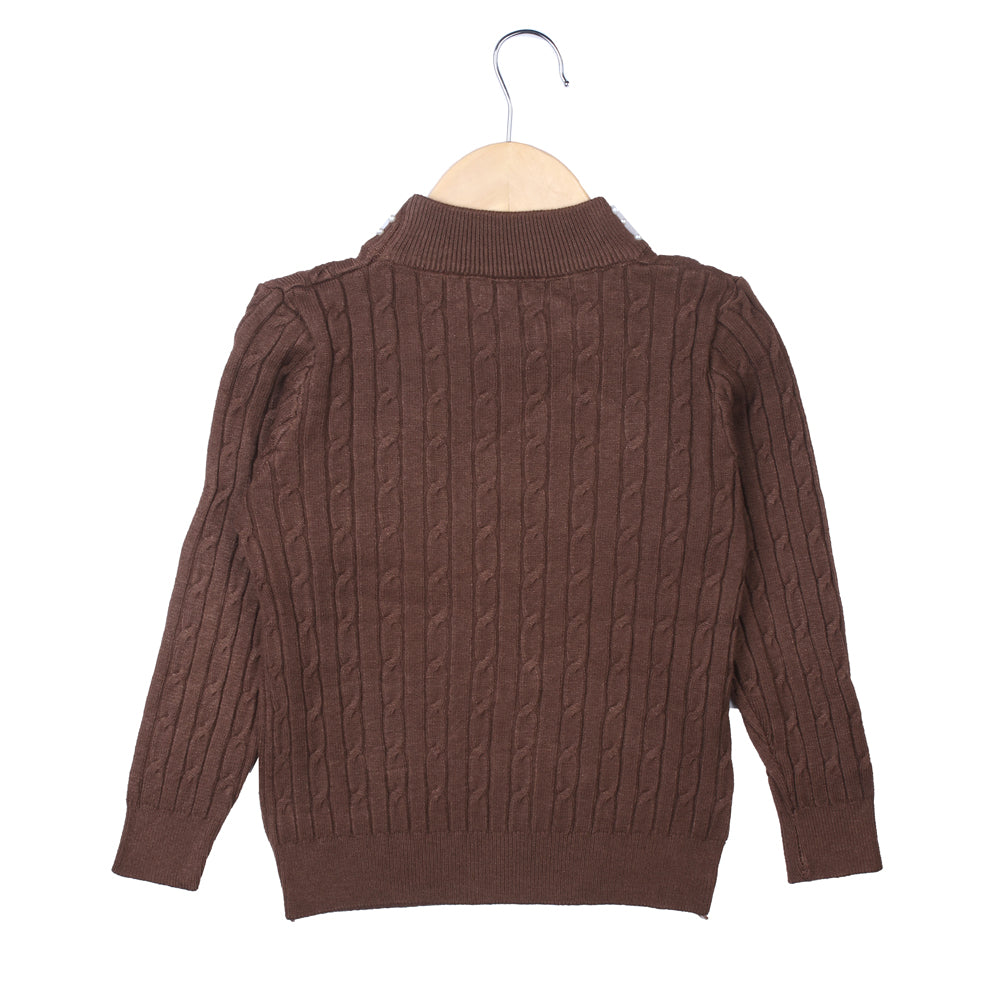 Brown Cable Knit Sweater with Pearl Neck