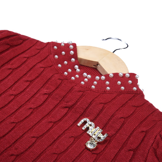 Red Cable Knit Sweater with Pearl Neck