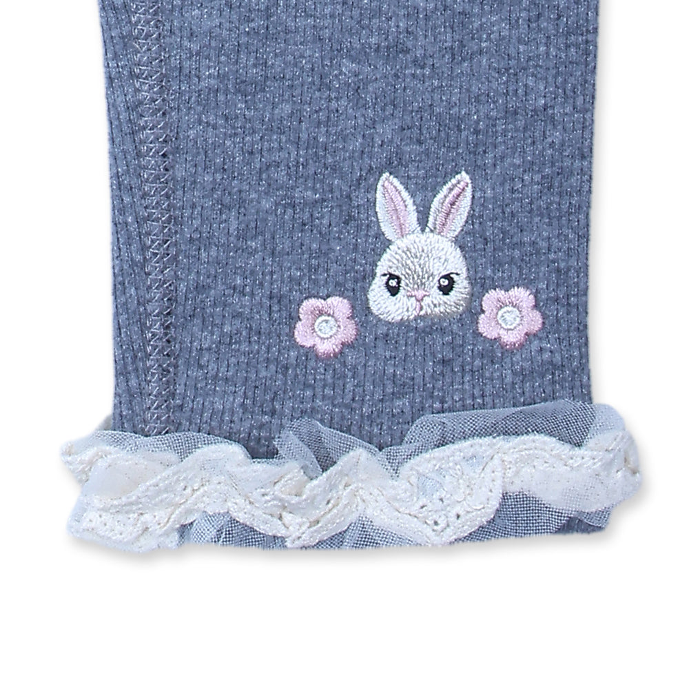 Grey Ribbed Leggings with Lace and Bunny Patch