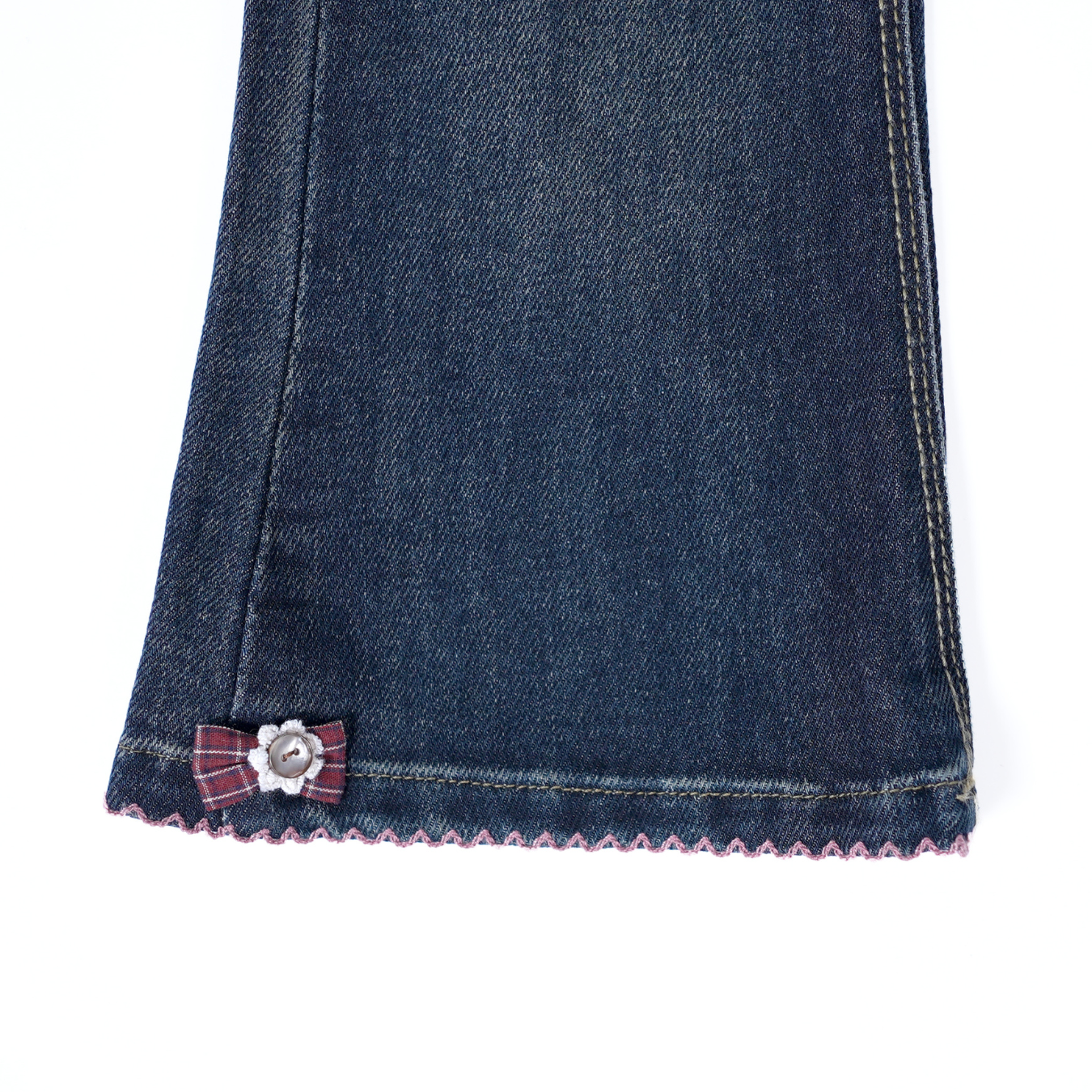 Denim pants with plaid side panel and lace trim