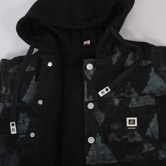 Black jacket with washed blue triangle print