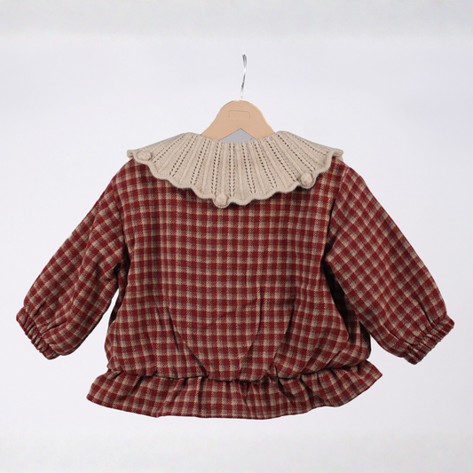 Red & Beige checked cardigan with knitted collar