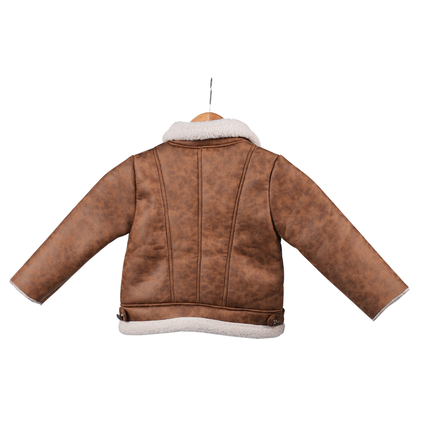 Brown faux-leather jacket with sherpa highlights