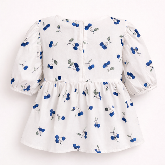 Blue Cherry Print Ruffle top