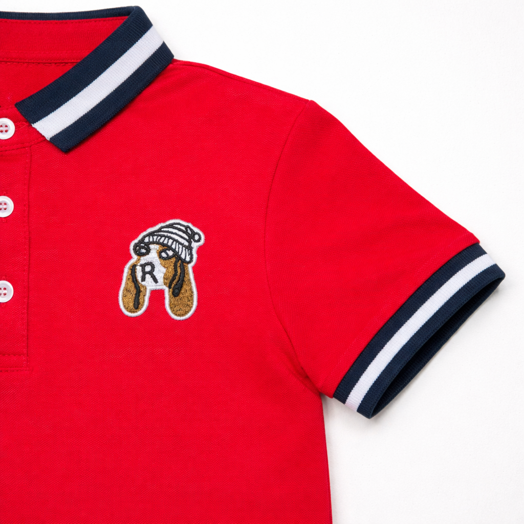 Dog motif Stripe Red Polo