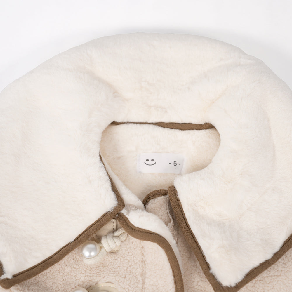 Off white fleece coat with brown piping