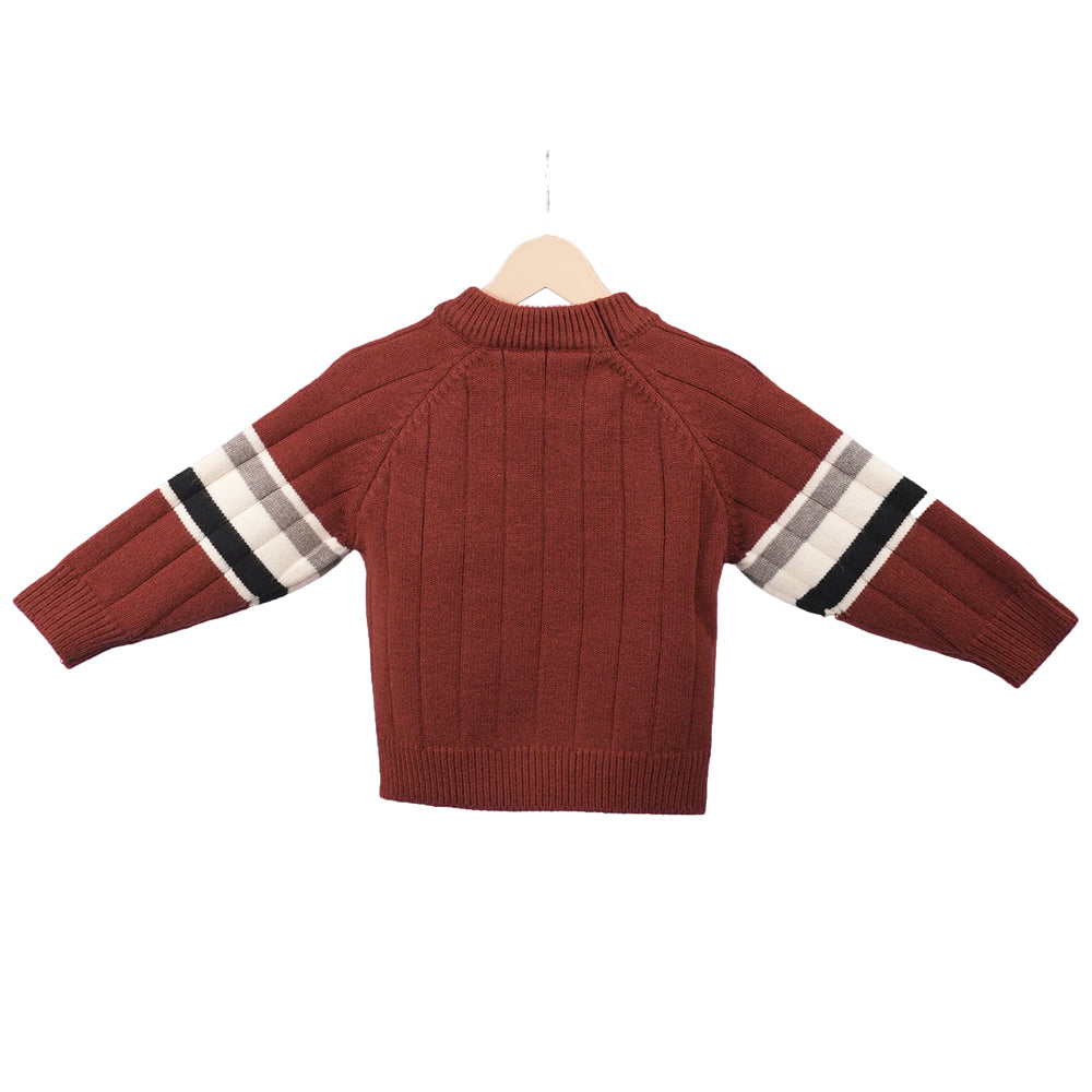 Maroon sweater with striped sleeves and bear faces