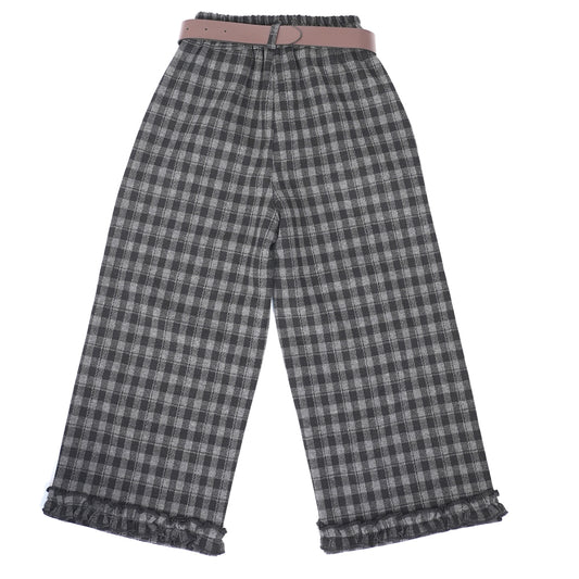 Grey and black check wide-leg pants with belt