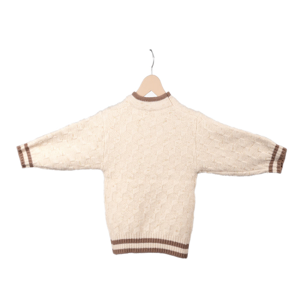 White textured sweater with brown rib trims