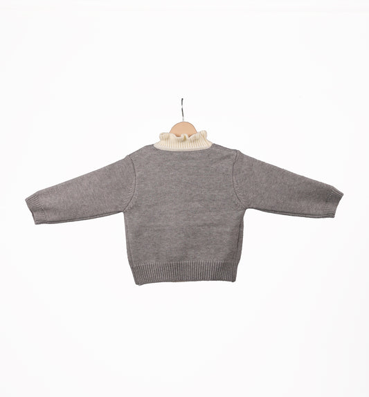 Grey knit cardigan set with cream inner top
