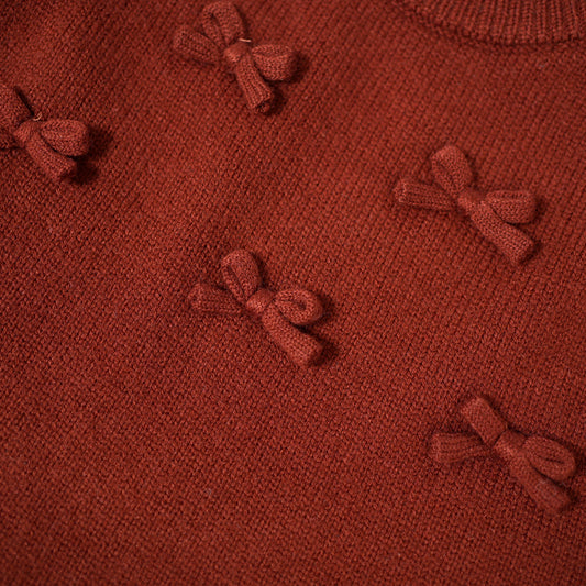 Red Knit Sweater with Bow Details & Frill Hem