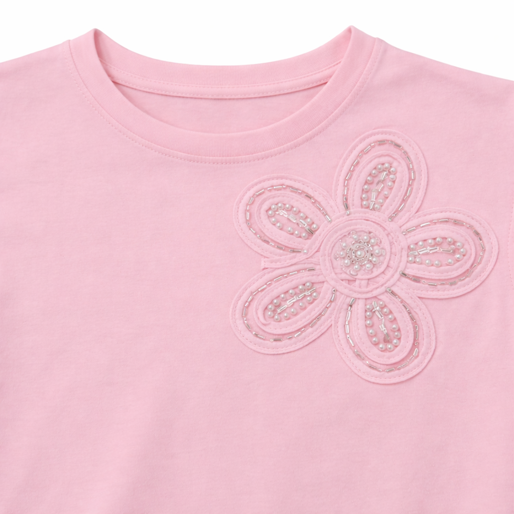 Pink Embellished Floral Flutter Sleeve Tee