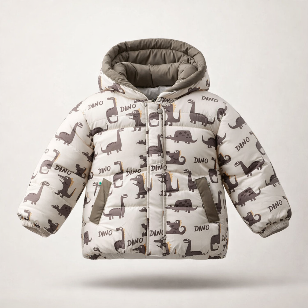 Dinosaur print puffer with 3D LIGHT ears