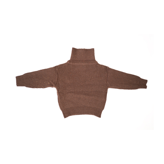 Brown zip-up knit sweater with bear brooche