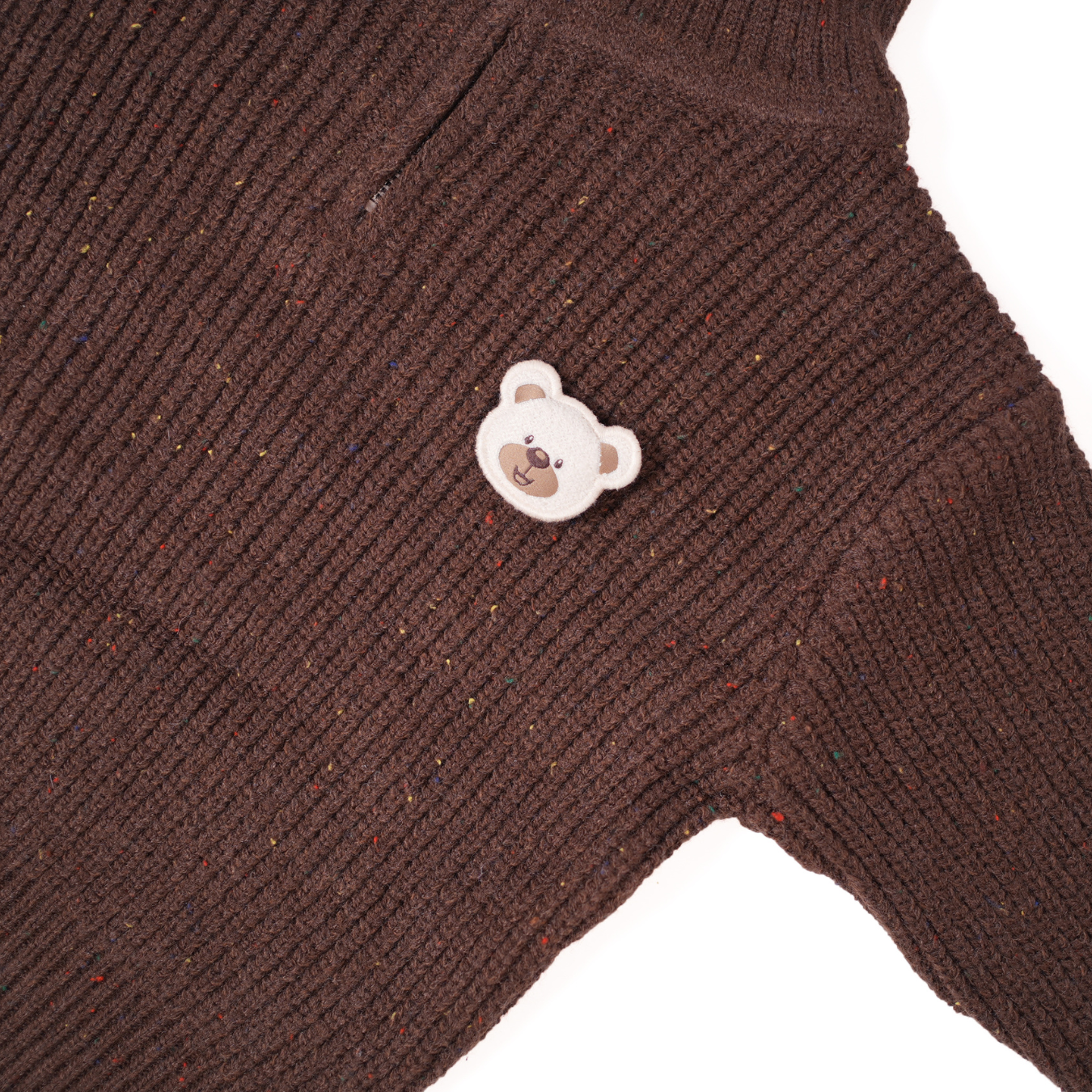 Brown zip-up knit sweater with bear brooche