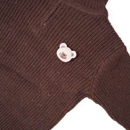 Brown zip-up knit sweater with bear brooche
