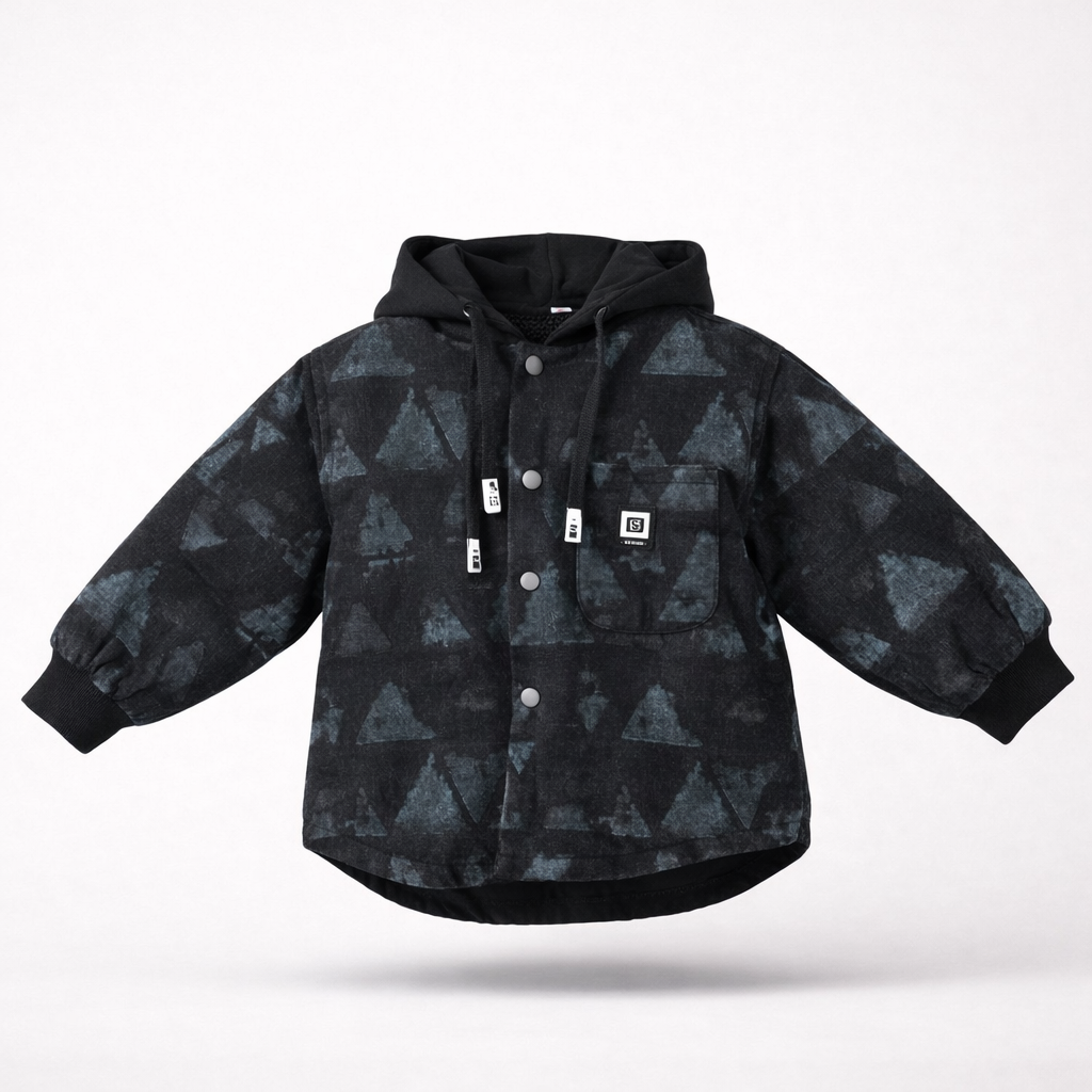 Black jacket with washed blue triangle print