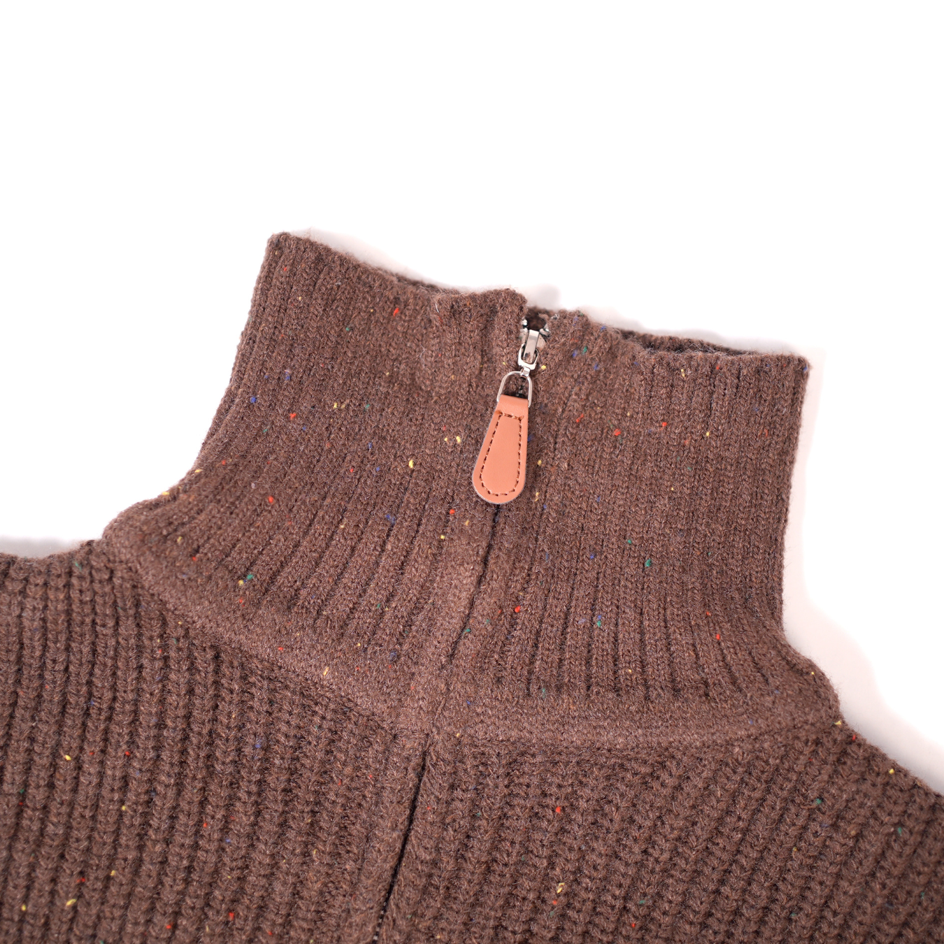 Brown zip-up knit sweater with bear brooche