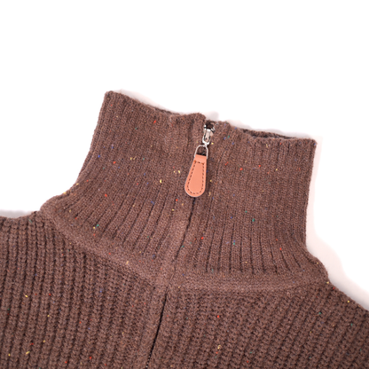 Brown zip-up knit sweater with bear brooche