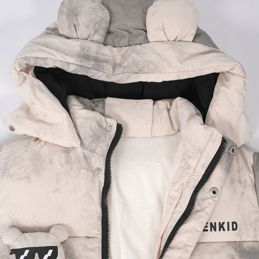Ombre White-Grey Puffer coat with Teddy applique