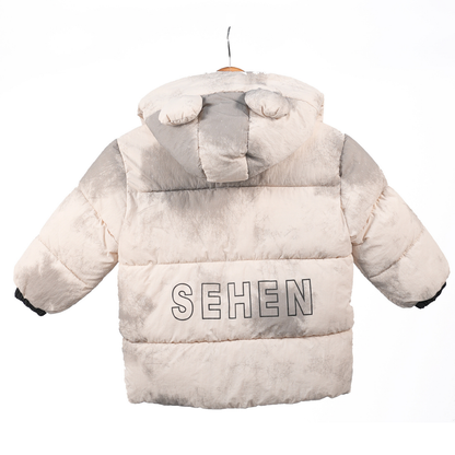 Ombre White-Grey Puffer coat with Teddy applique