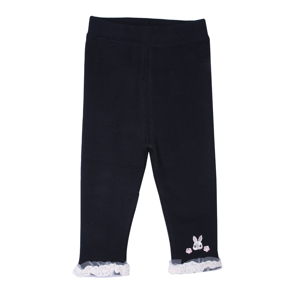 Black Ribbed Leggings with Lace and Bunny Patch