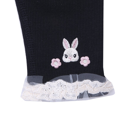 Black Ribbed Leggings with Lace and Bunny Patch