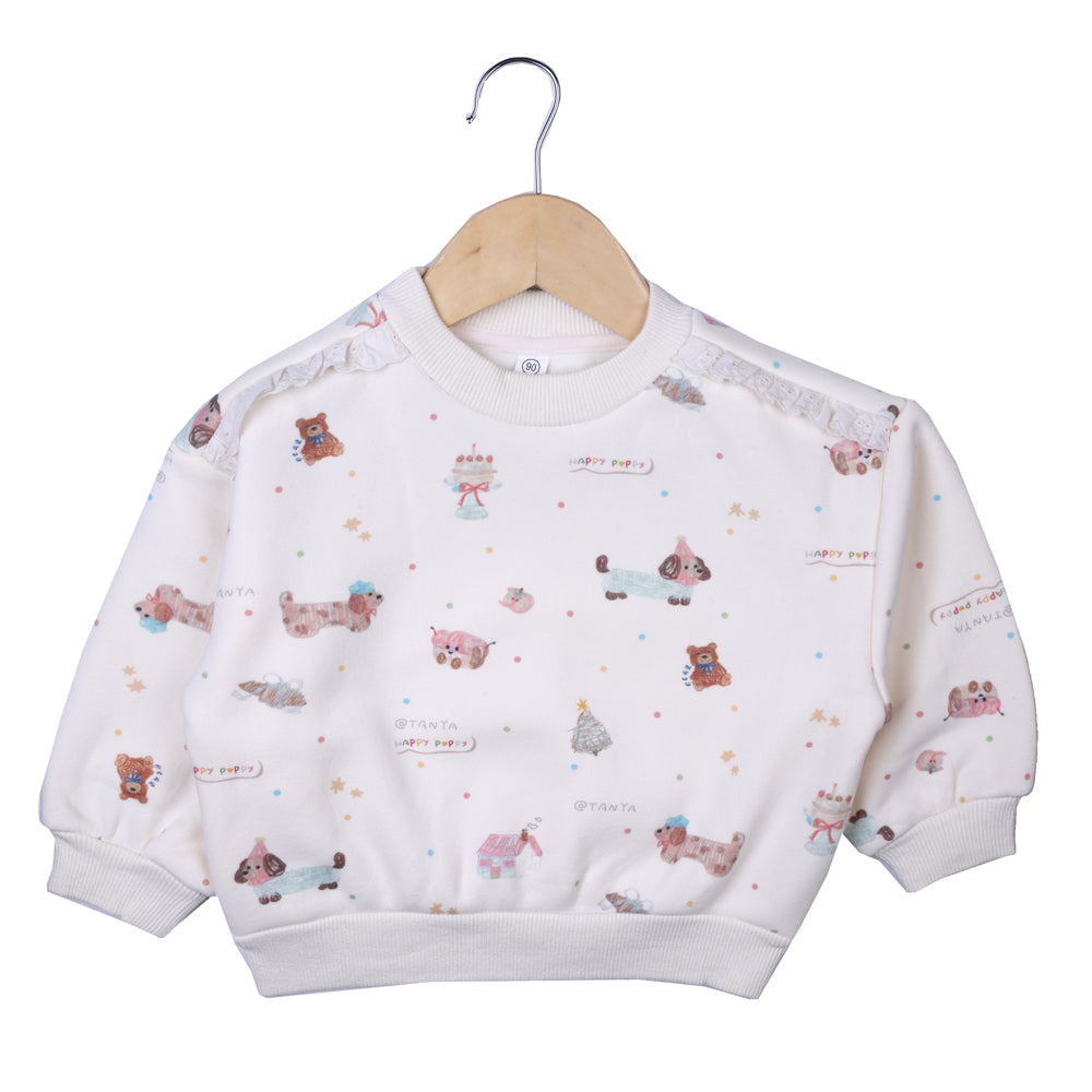 Cream Printed Sweatshirt with Lace Shoulder Detail