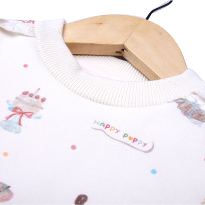 Cream Printed Sweatshirt with Lace Shoulder Detail