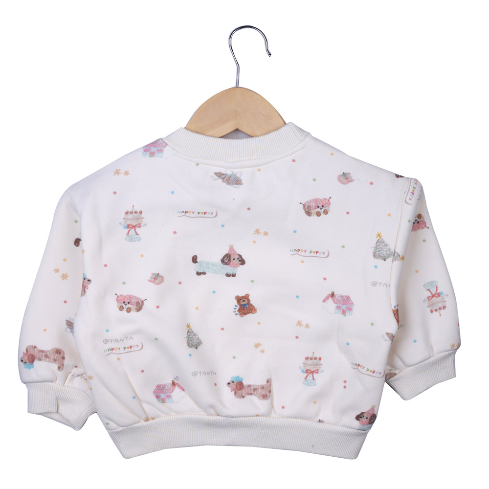 Cream Printed Sweatshirt with Lace Shoulder Detail