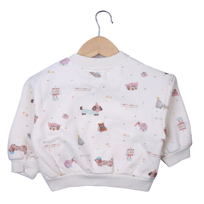 Cream Printed Sweatshirt with Lace Shoulder Detail