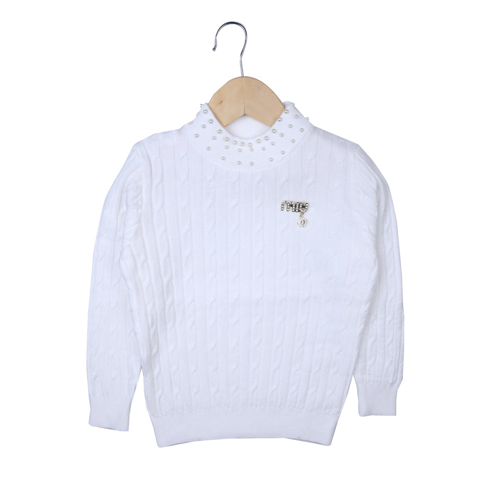 White Cable Knit Sweater with Pearl Neck