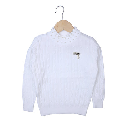White Cable Knit Sweater with Pearl Neck
