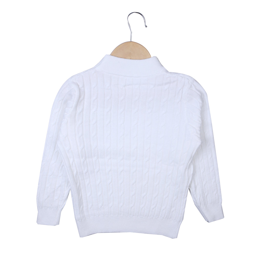 White Cable Knit Sweater with Pearl Neck