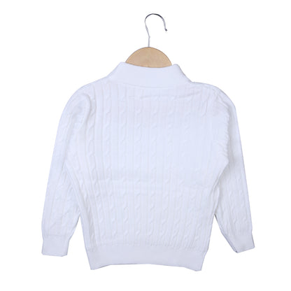 White Cable Knit Sweater with Pearl Neck