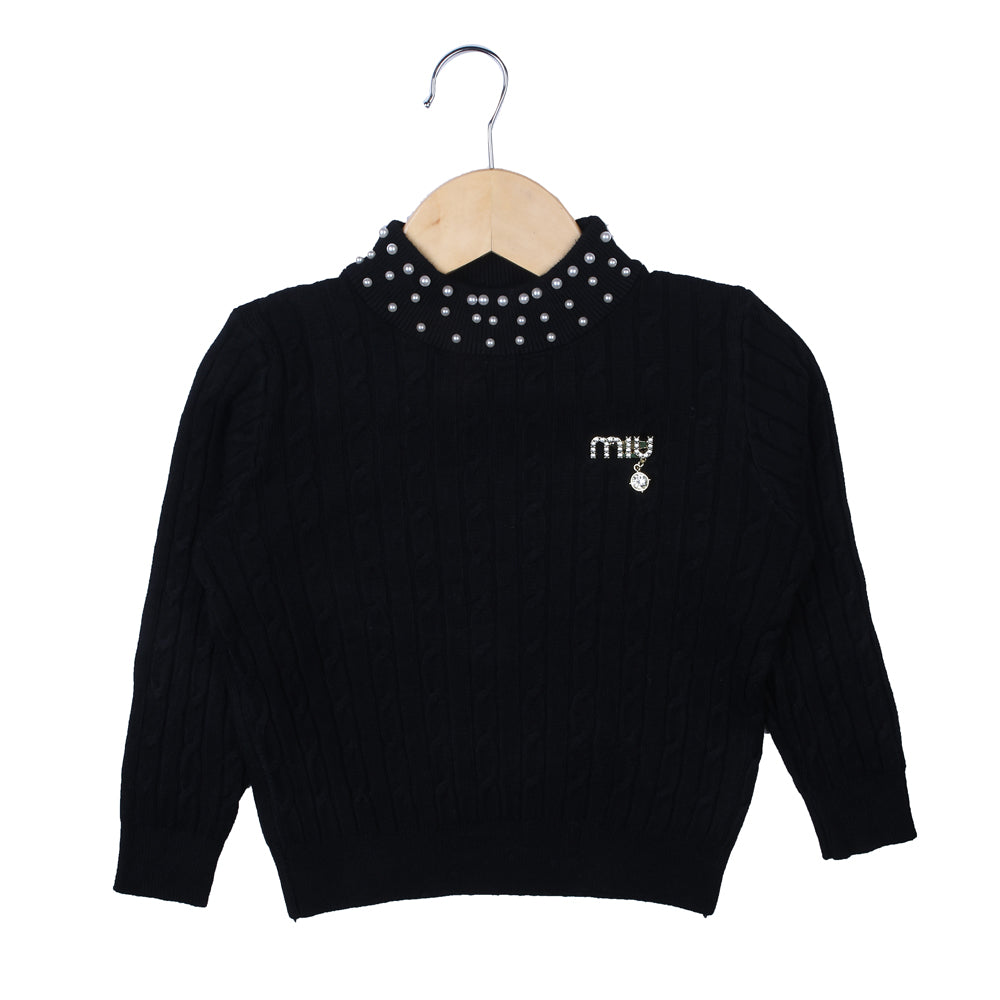 Black Cable Knit Sweater with Pearl Neck