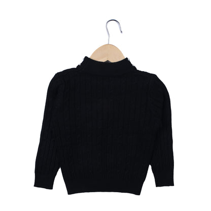 Black Cable Knit Sweater with Pearl Neck