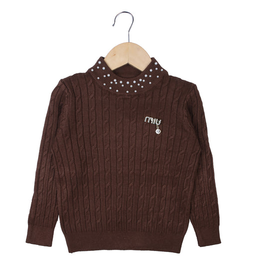 Brown Cable Knit Sweater with Pearl Neck