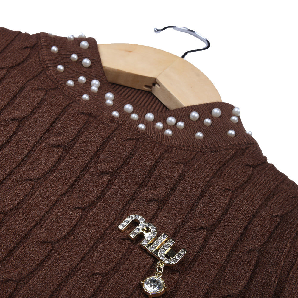 Brown Cable Knit Sweater with Pearl Neck