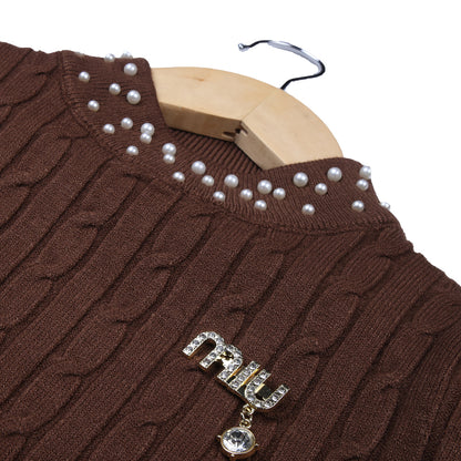 Brown Cable Knit Sweater with Pearl Neck