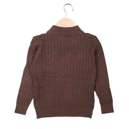 Brown Cable Knit Sweater with Pearl Neck