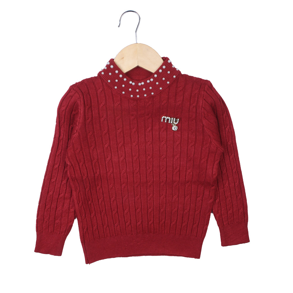 Red Cable Knit Sweater with Pearl Neck