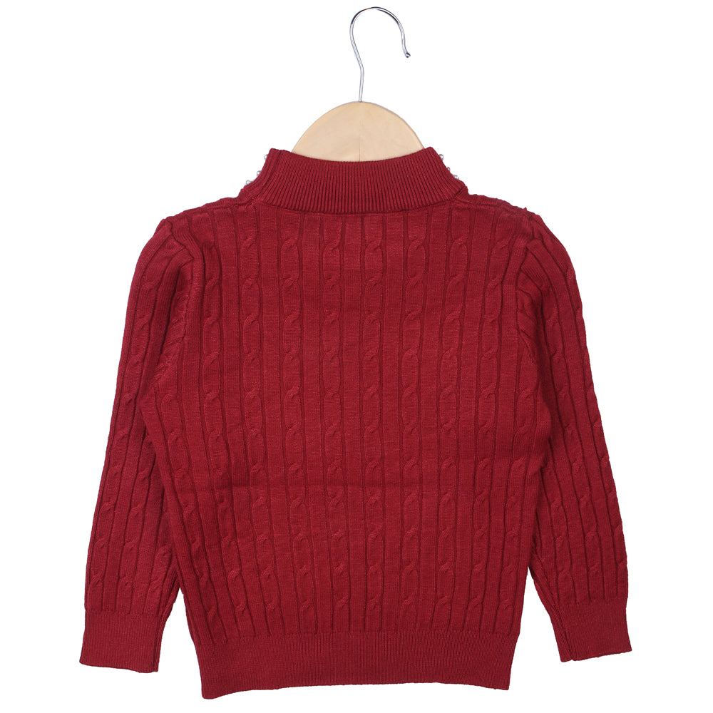 Red Cable Knit Sweater with Pearl Neck