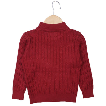 Red Cable Knit Sweater with Pearl Neck