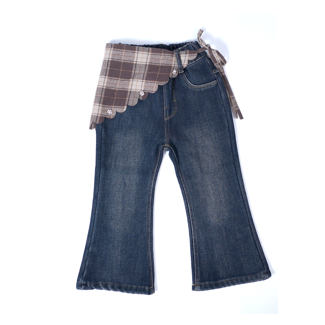 Denim pants with plaid side panel and lace trim
