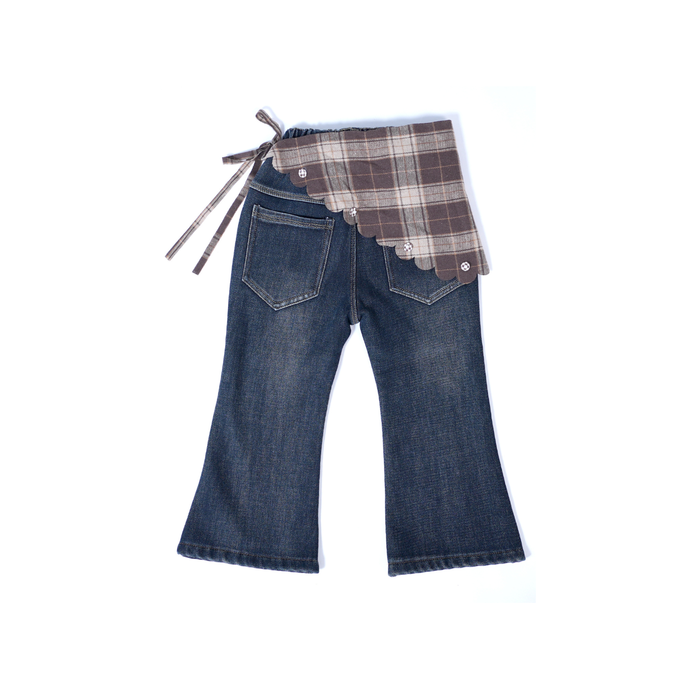 Denim pants with plaid side panel and lace trim